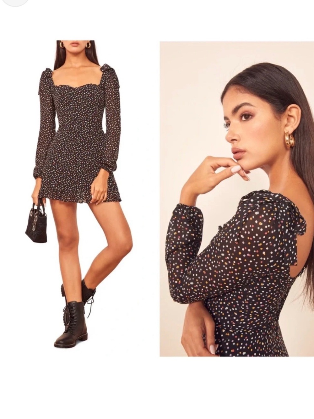 Reformation Elin Confetti Mini Dress Polka Dot Ruffles Sweetheart Long Sleeve
